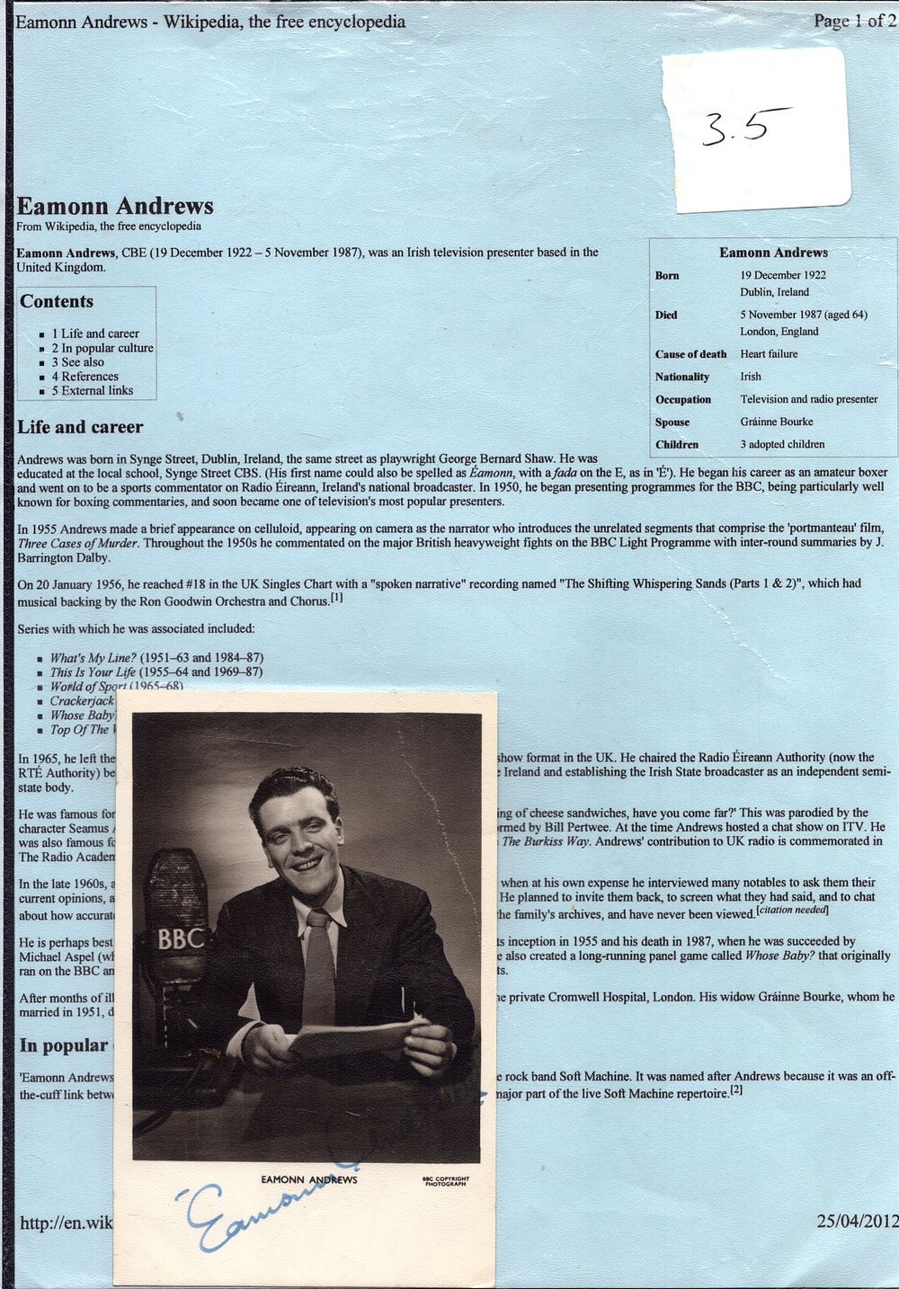 Lot 618: Eamonn Andrews signed 6x4inch black and white photo....