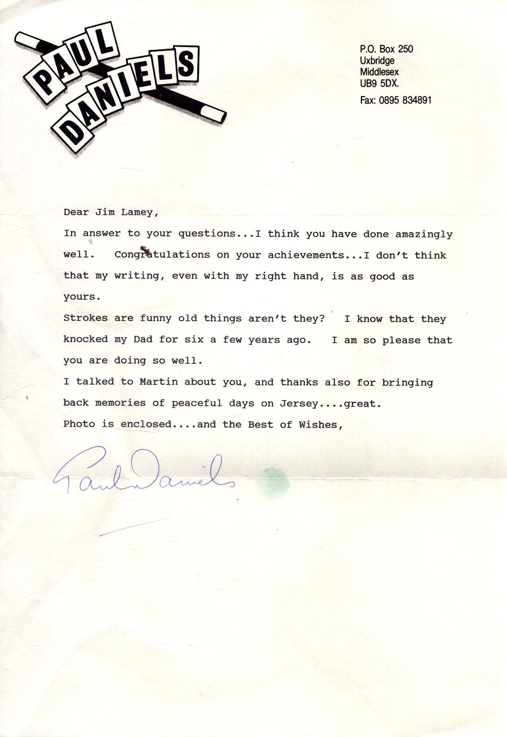 Lot 622: Paul Daniels TLS. Good condition. All autographs come...
