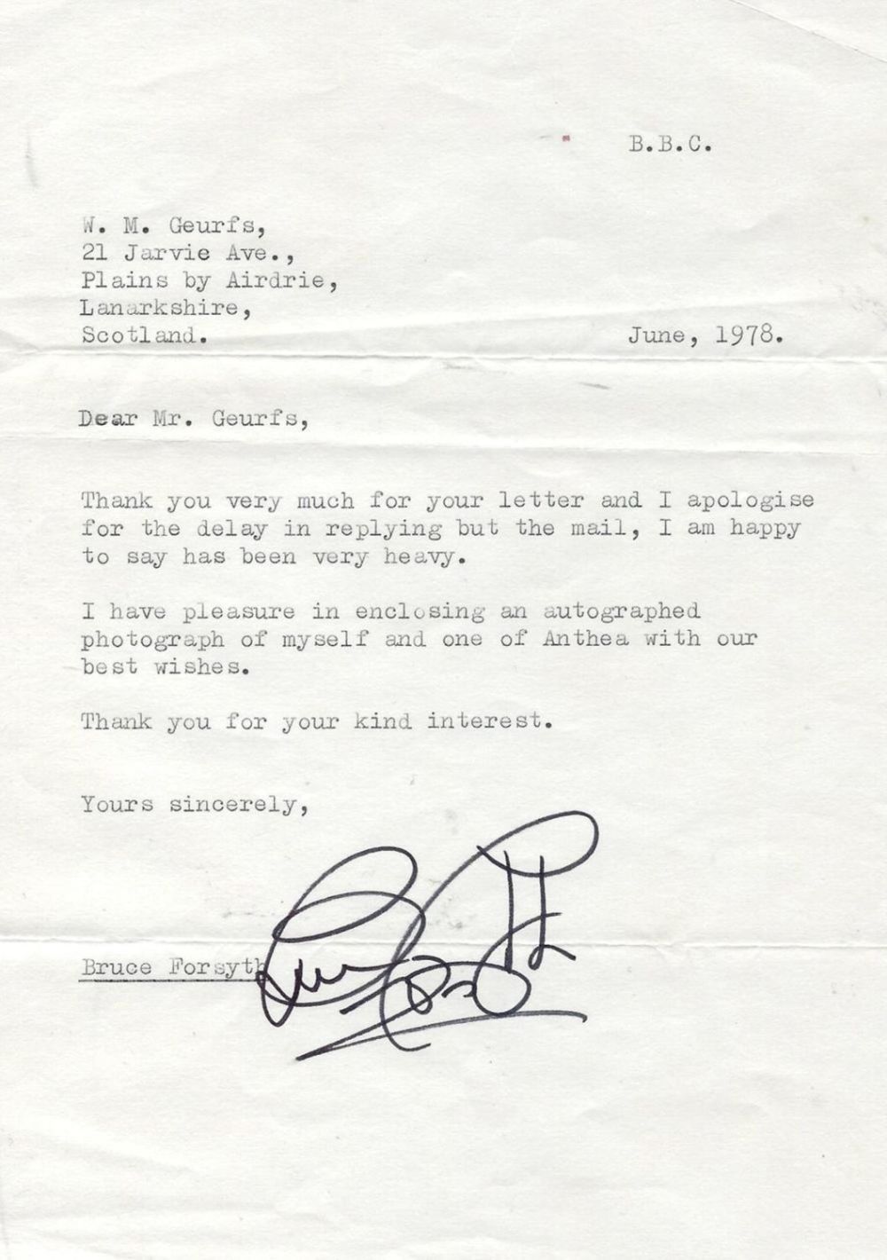 Lot 407: Presenter, Bruce Forsythe TLS dated 1988, replying to...