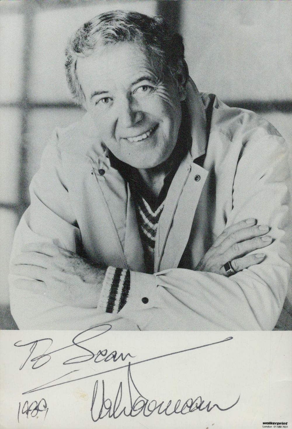 Lot 670: Val Doonican signed 6x4 inch black and white...