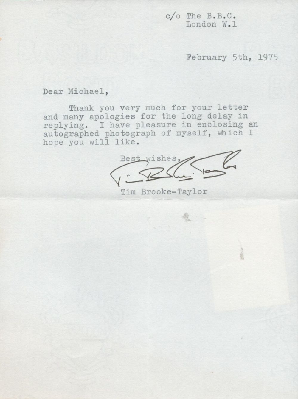 Lot 423: Actor, Tim Brooke-Taylor TLS dated 5th February 1975....