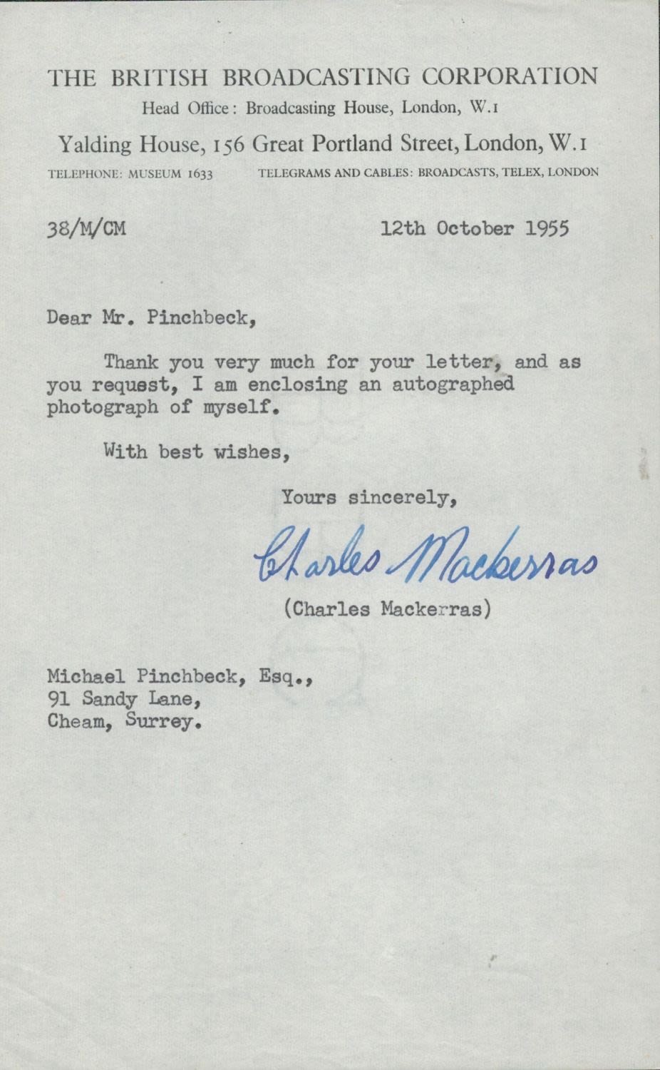Lot 424: Conductor, Charles Mackerras ALS dated 12th December 1955...