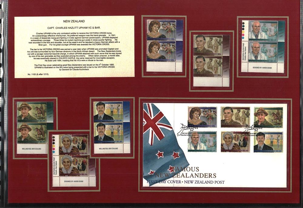 Lot 713: Famous New Zealanders mounted stamp sheet display includes...