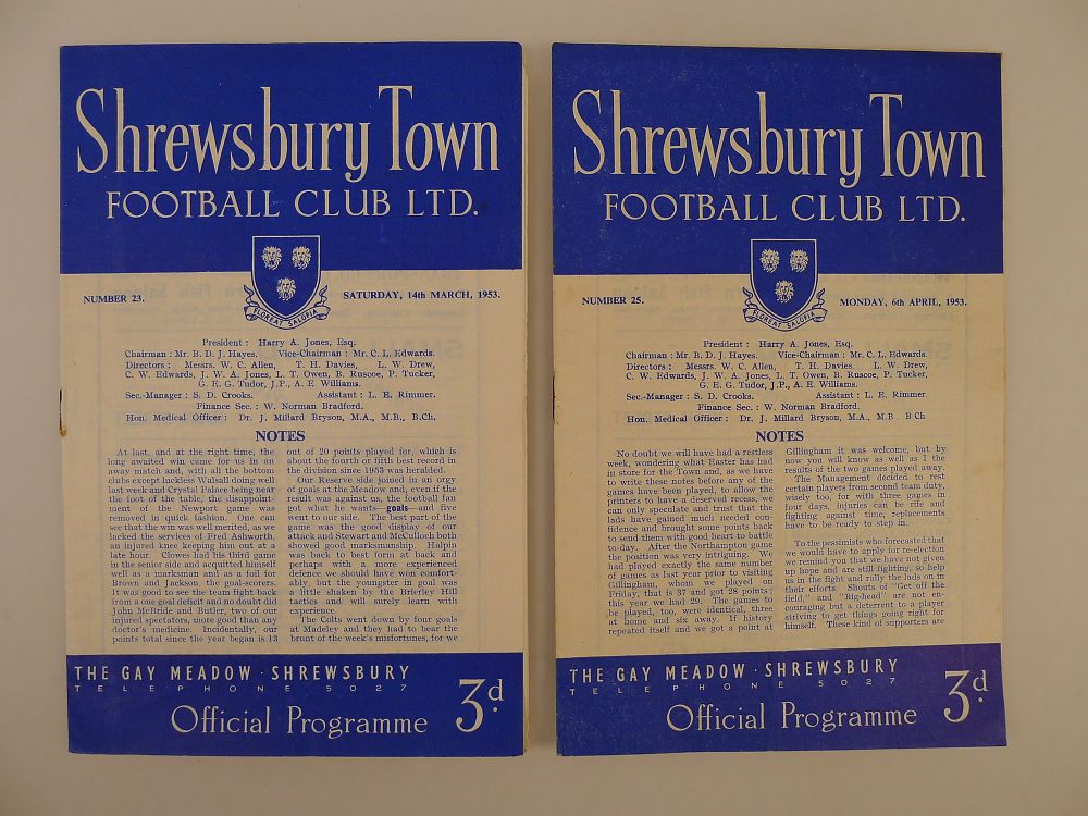 Lot 160: 2 x Shrewsbury Town 1952-53 Season football programmes,...