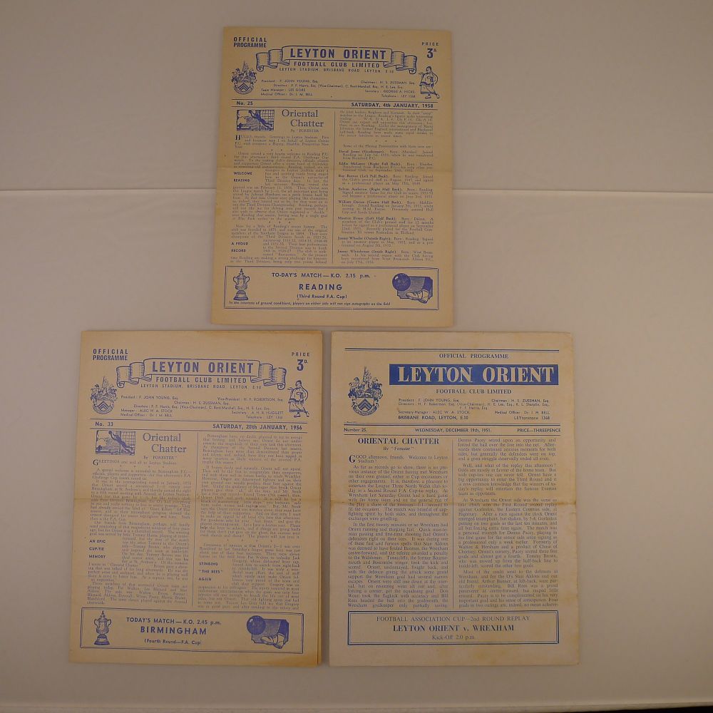 Lot 206: 3 x Leyton Orient FA cup football programmes,...