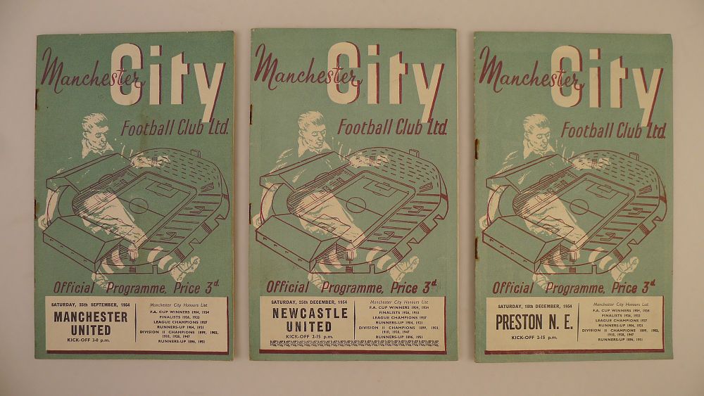 Lot 212: 3 x Manchester City 1954-55 Season football programmes,...