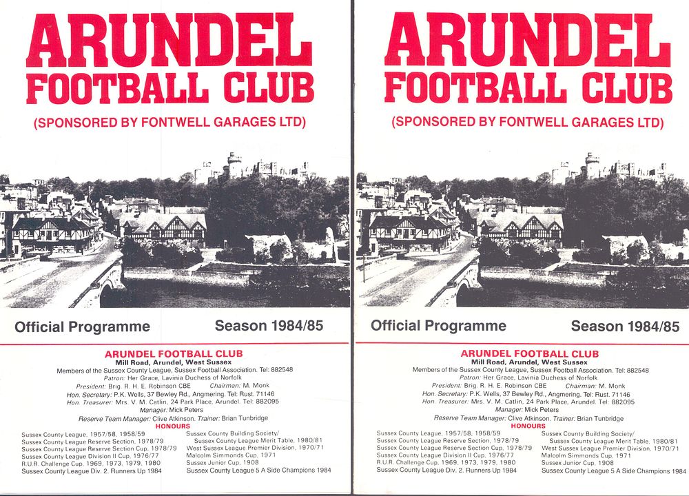 Lot 243: 2x Arundel Football club official programme, season 1984/85,...