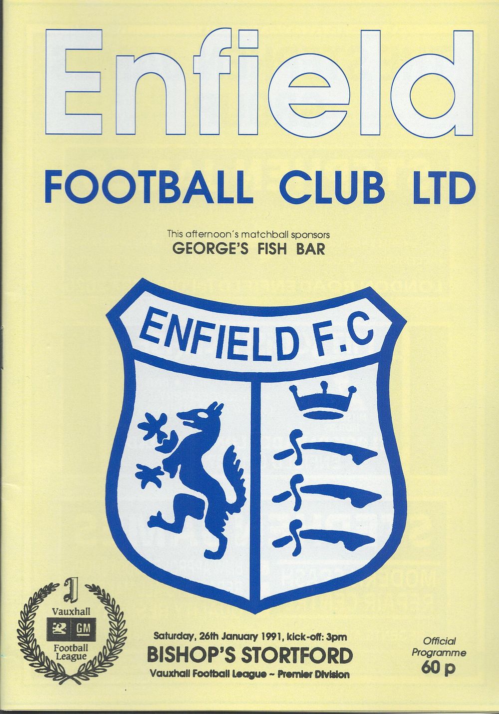 Lot 363: 1 x Enfield FC 1991 Football Programme vs...