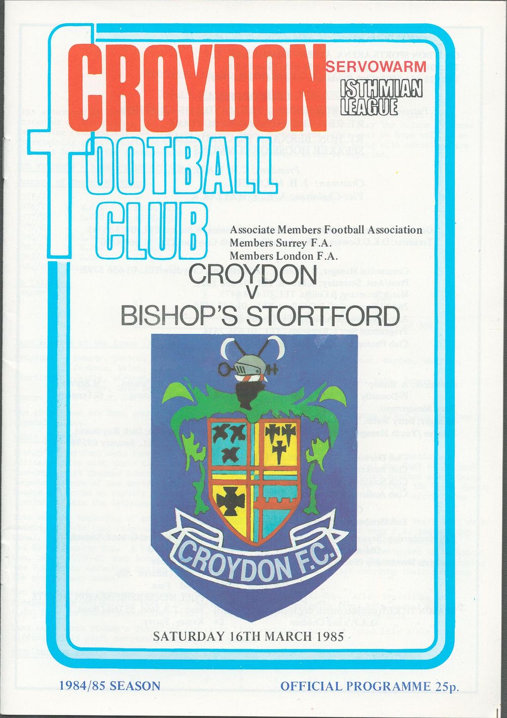 Lot 382: 1x Croydon 1985 Football Programme vs Bishops Stortford...