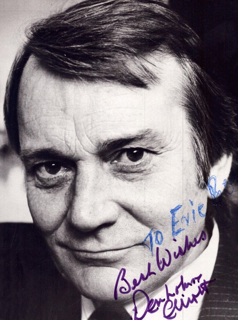 Lot 317: Denholm Elliott signed 5x3inch black and white photo....