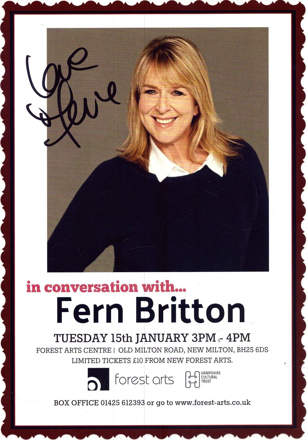 Lot 381: Fern Britton signed theatre flyer 8x6, In conversation...
