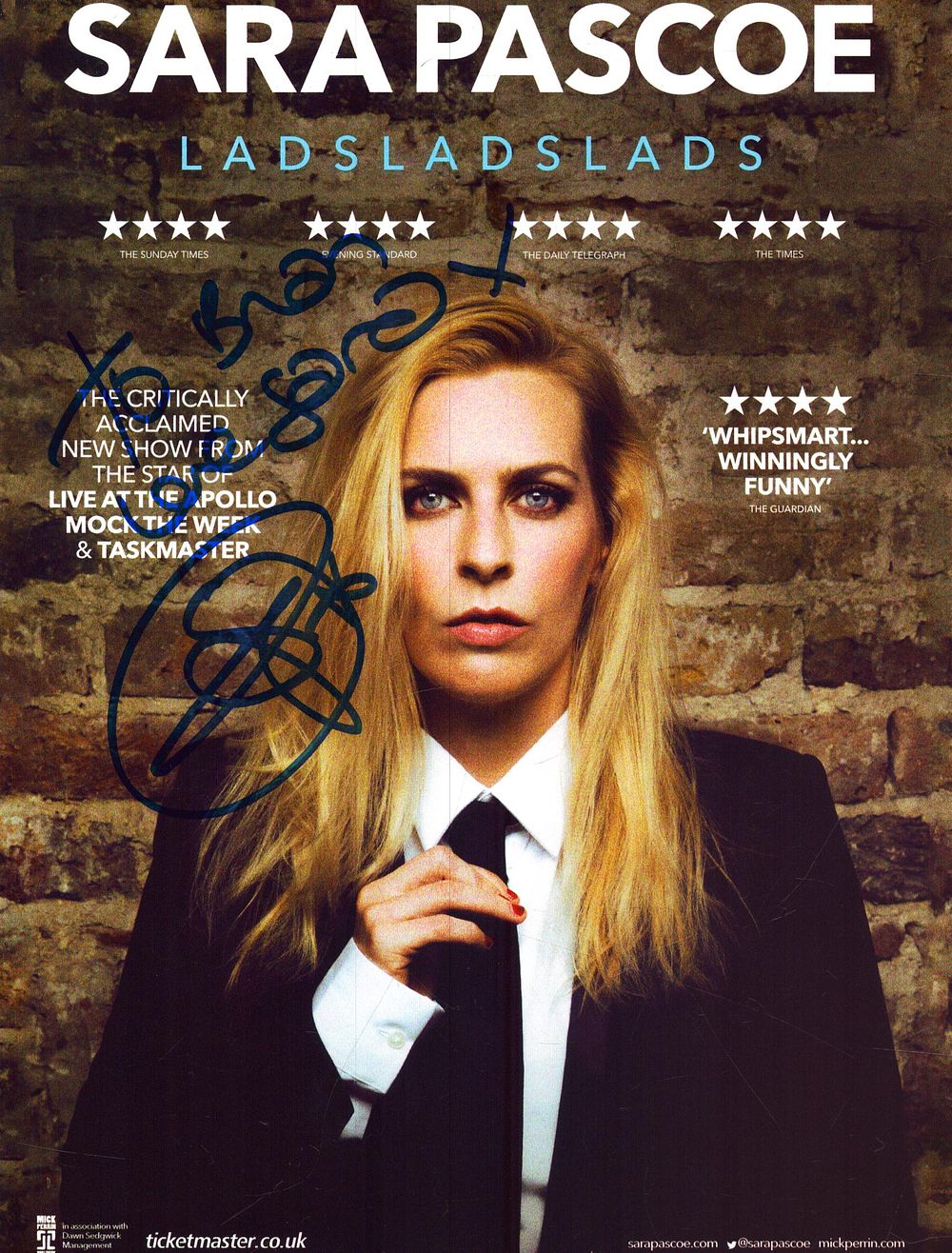 Lot 385: Sara Pascoe theatre flyer 8x6, LADS LADS LADS,...