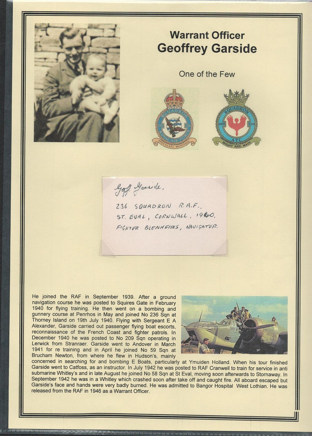 Lot 391: WW2 WARRANT OFFICER GEOFFREY GARSIDE SIGNATURE PIECE 3X2...