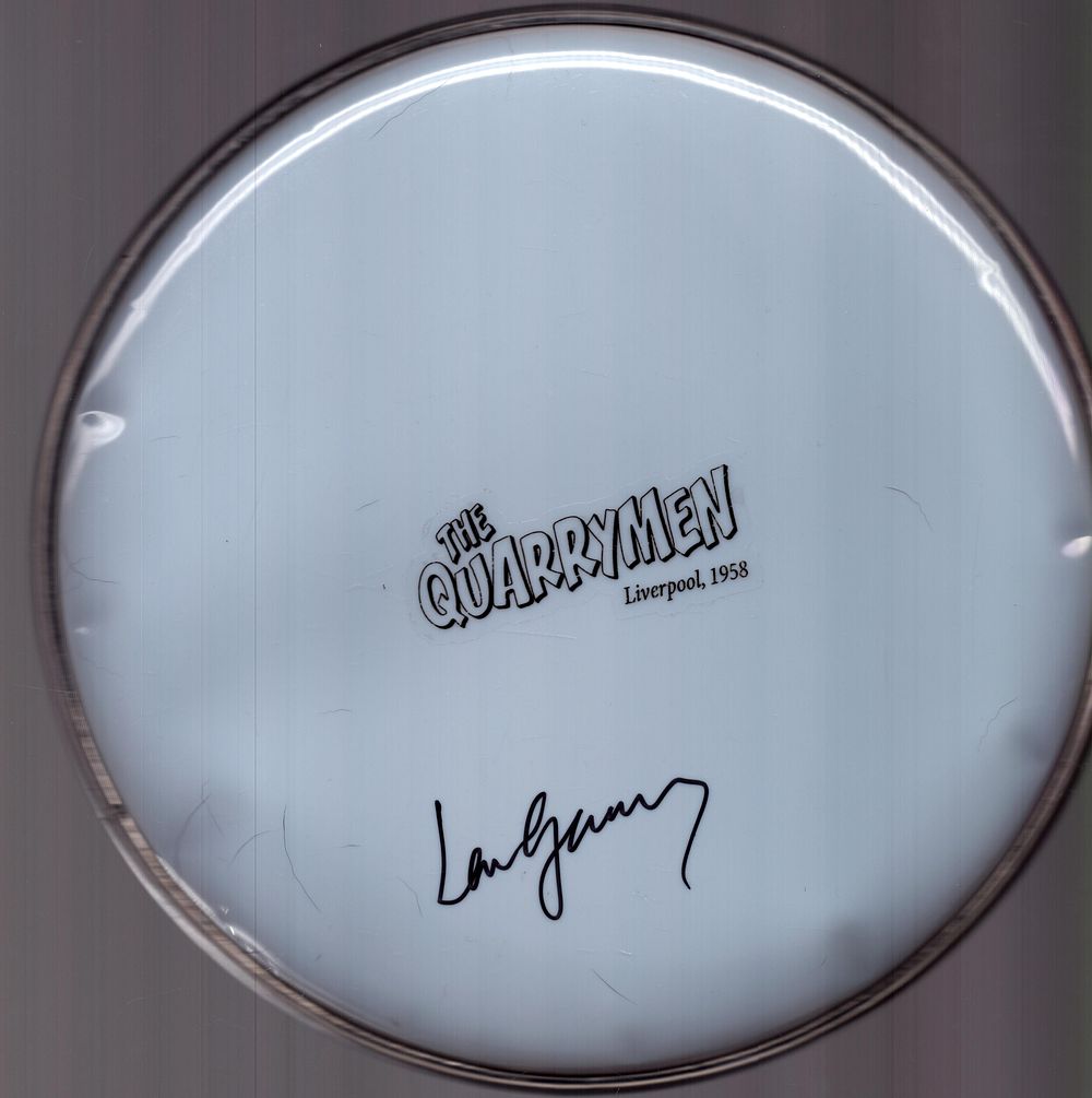 Lot 553: Len Garry signed drum skin, The Quarrymen, Liverpool...