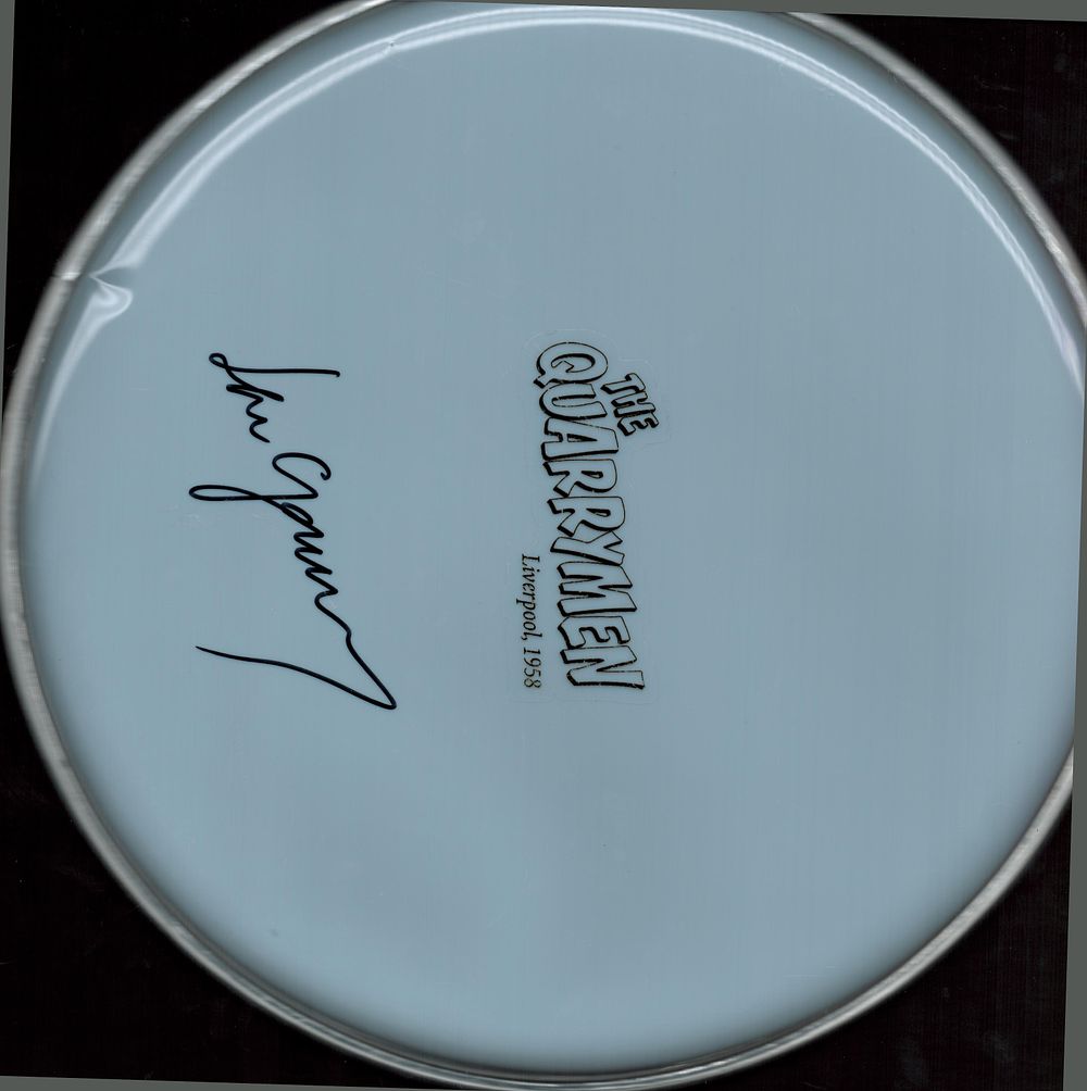 Lot 582: Len Garry signed Quarrymen drumskin. Good condition. All...