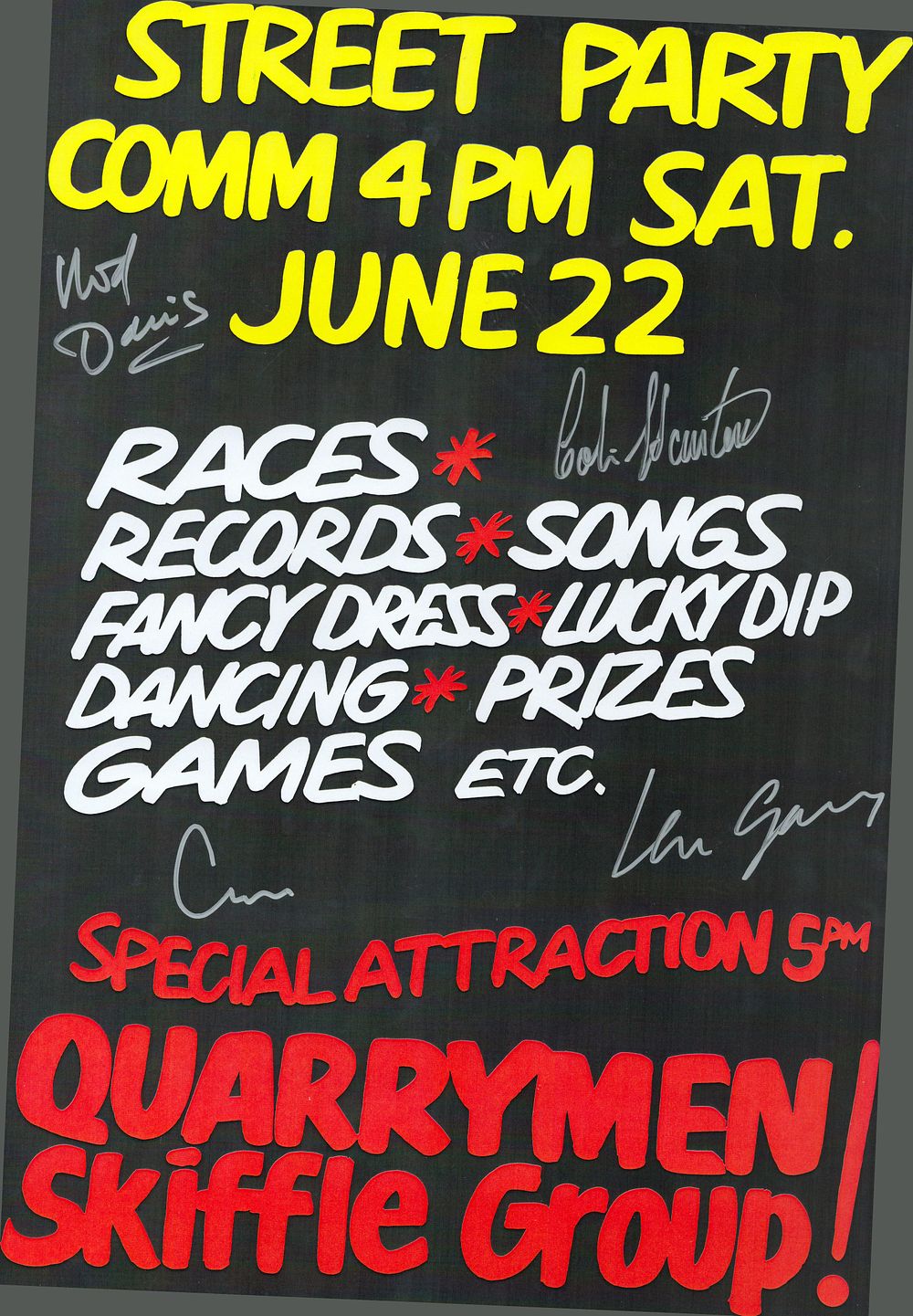 Lot 584: Quarrymen Signed Street Party Poster 16x12 approx multiple...