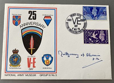 WW2 Field Marshall Montgomery of Alamein signed 1970 25th ann VE day rare cover. Peace stamps 