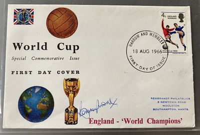 Football Bobby Moore Signed World Cup FDC 18 Aug 1966 World Cup Winners 4d stamp and rare 