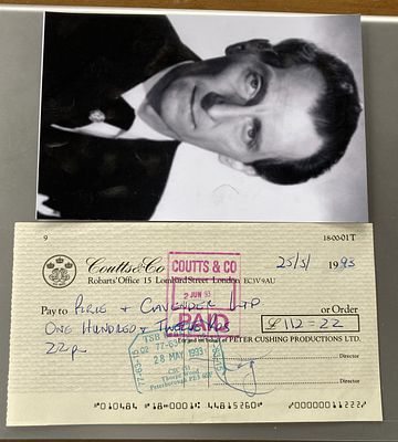 Peter Cushing vintage signed Bank Cheque 1993, Coutts and Co £112. 22 to Pirie and Cavender Ltd 