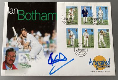Cricket legend Ian Botham signed on his own rare Autographed editions 1997 Alderney Cricket FDC.