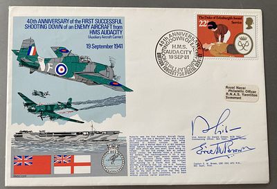 WW2 RAF Capt Eric Winkle Brown Ad J Gibson signed rare Navy official cover. RN11c Shooting Down 