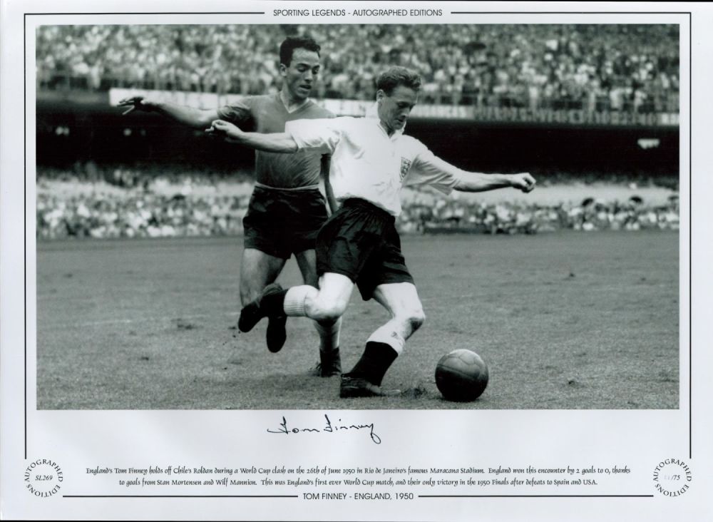 Lot 704: Tom Finney Signed 16 x 12 Black and...