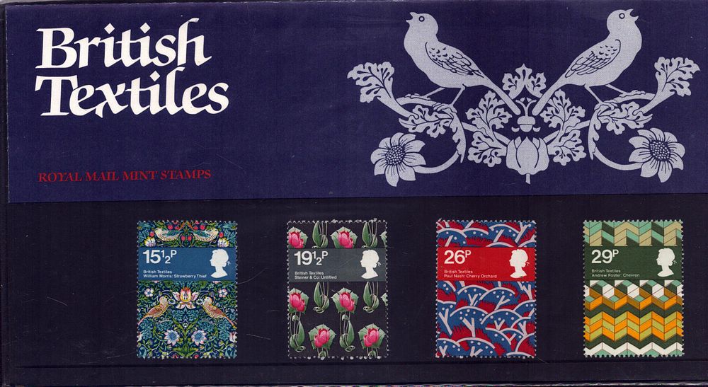 Lot 153: British Textiles stamp presentation pack. 4 stamps. Good...