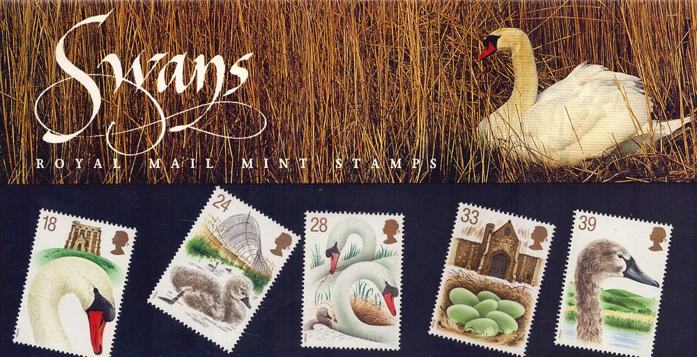 Lot 160: Swans stamp presentation pack. 5 stamps. Good condition....