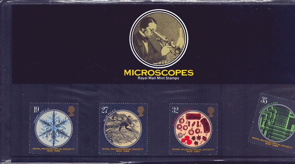 Lot 183: Microscopes stamp presentation pack. 4 stamps. Good condition....