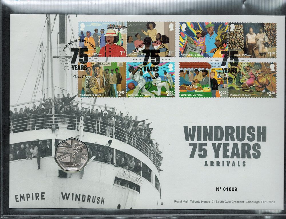 Lot 221: Windrush 75 years arrivals 50pence coin FDC. Numbered...