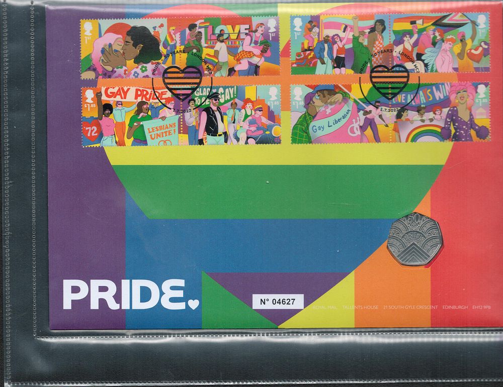 Lot 222: pride 50pence coin FDC. Numbered 04627. Good condition....