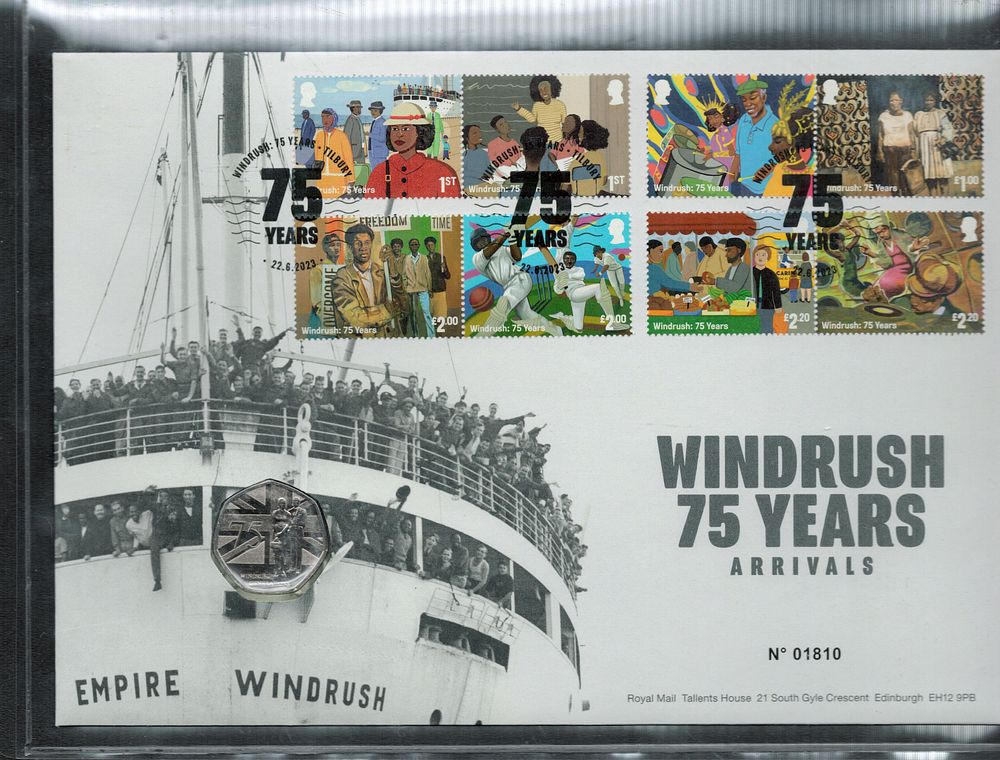 Lot 226: Windrush 75 years arrivals 50pence coin FDC. Numbered...