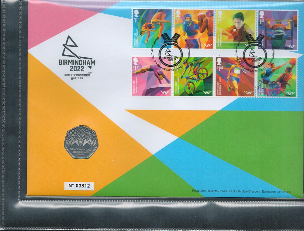Lot 227: Birmingham 2022 50pence coin FDC. Numbered 03812. Good...