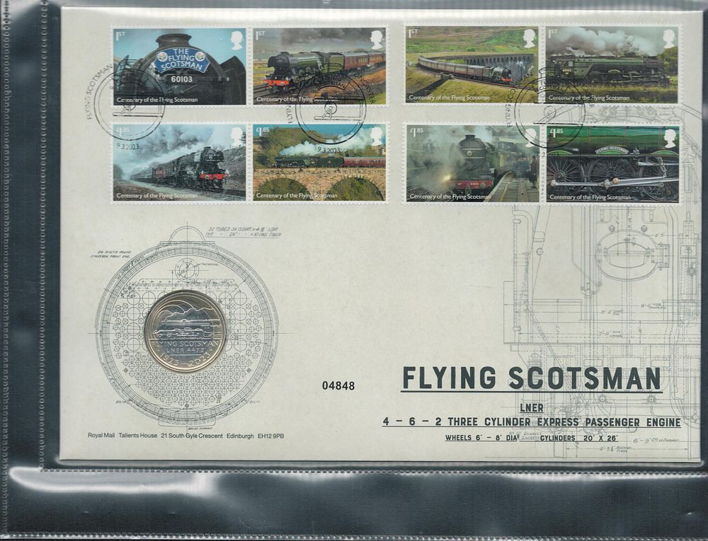 Lot 229: Flying Scotsman £2 coin FDC. Numbered 04848. Good...