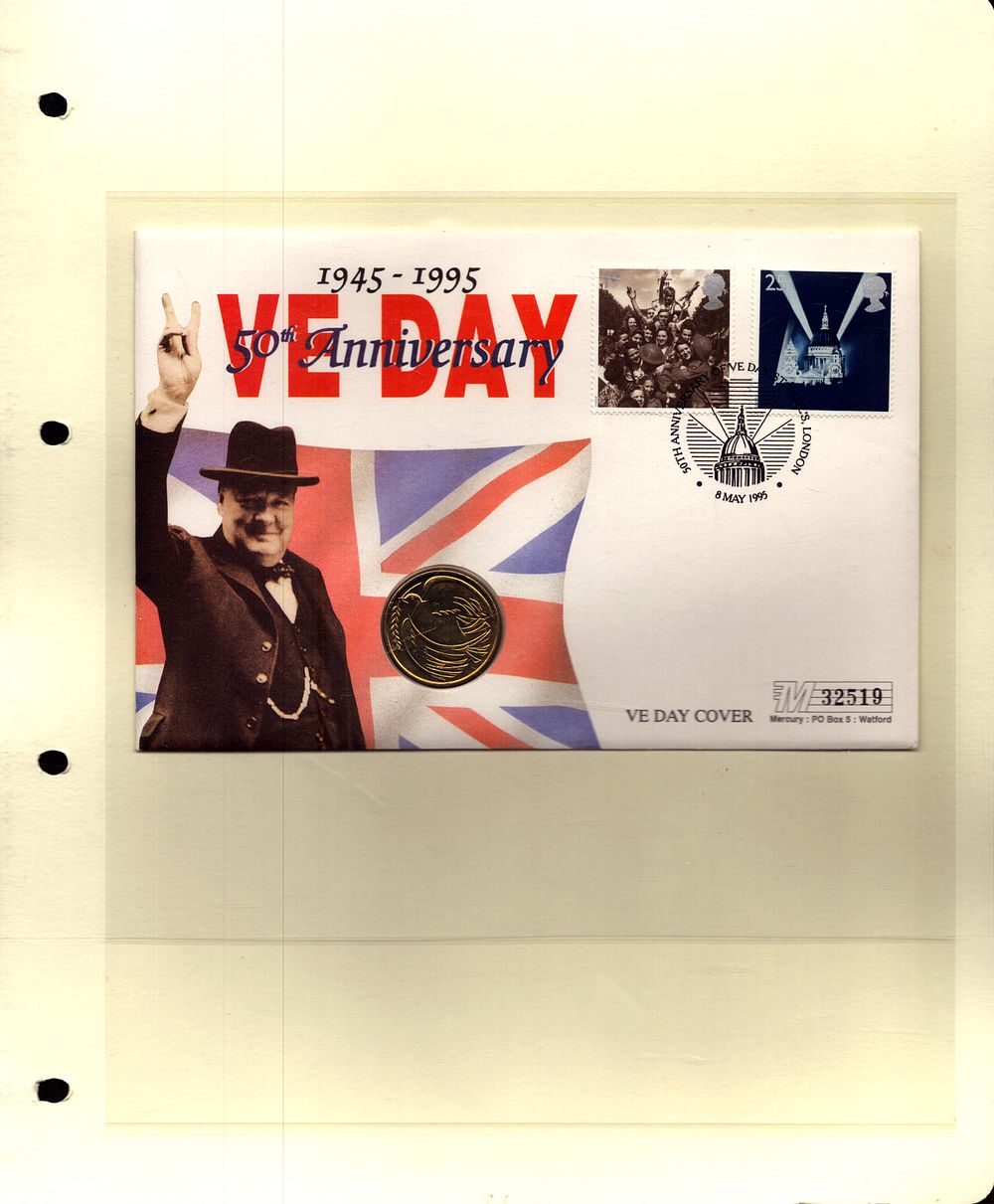 Lot 239: VE Day 50th anniversary coin cover. Good condition....