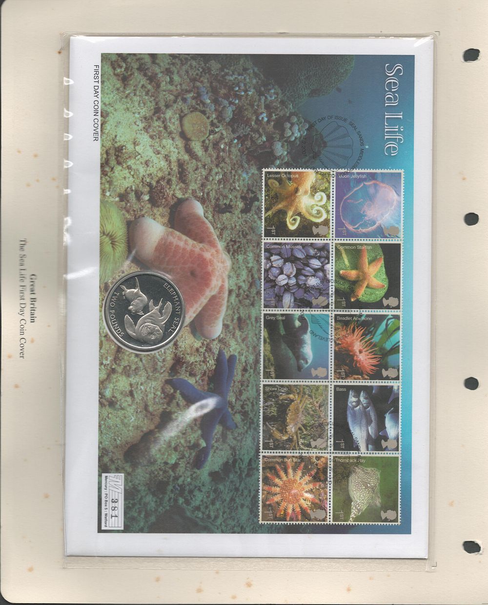 Lot 244: Sea Life coin FDC. Numbered 381. Good condition....