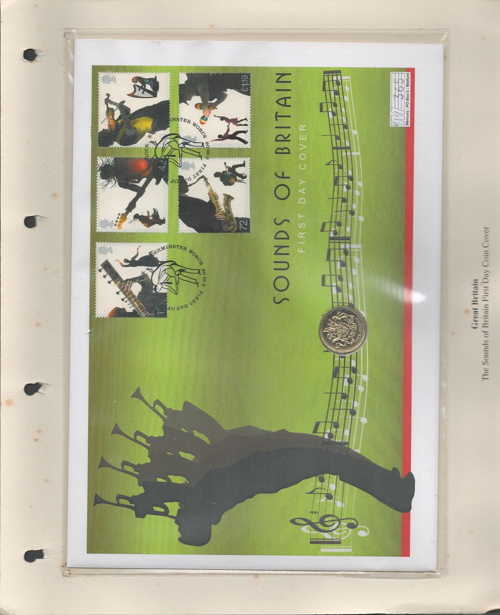 Lot 249: Sounds of Britain coin FDC. Numbered 365. Good...