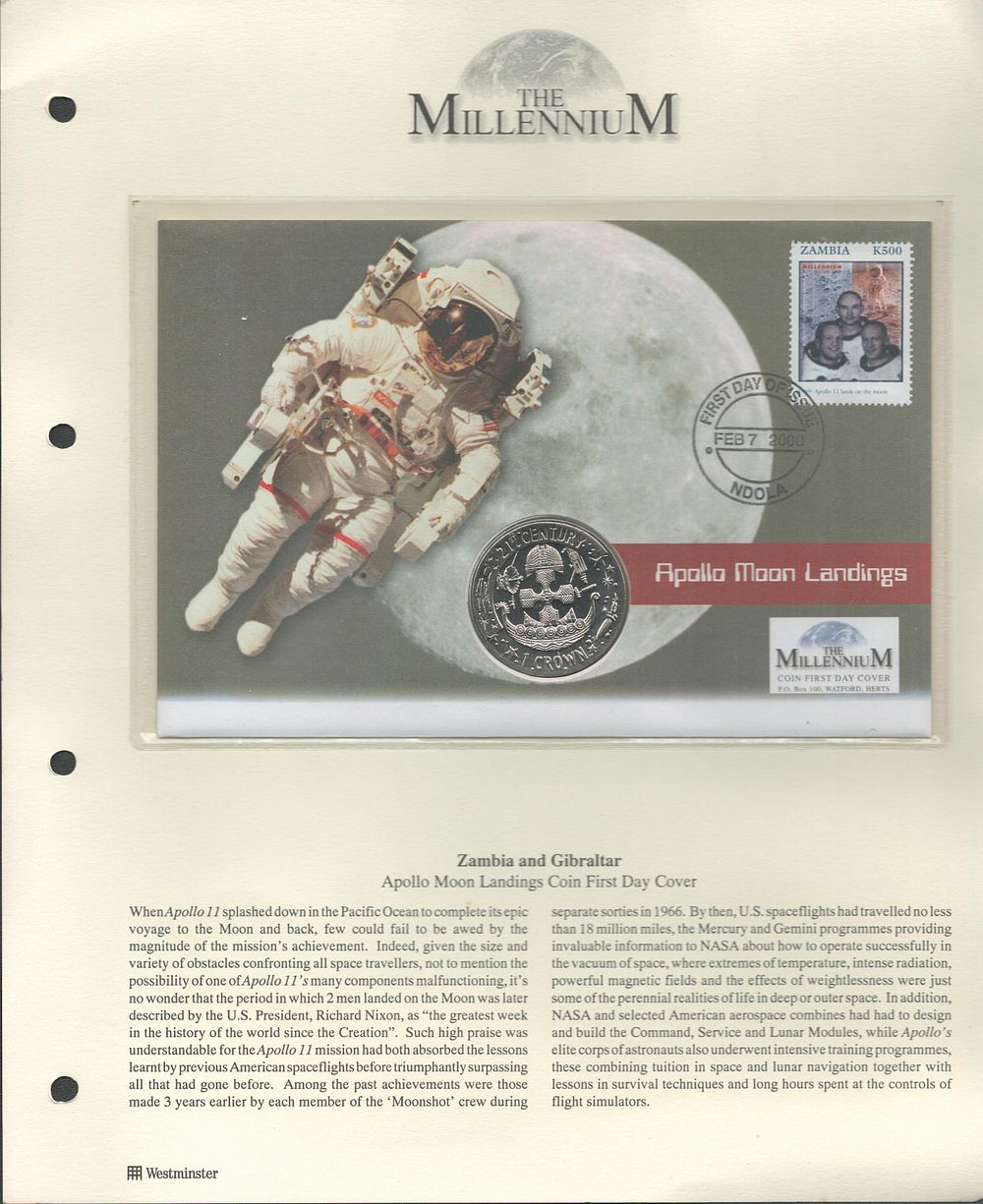 Lot 250: Apollo Moon landings coin FDC. Zambia stamp and...