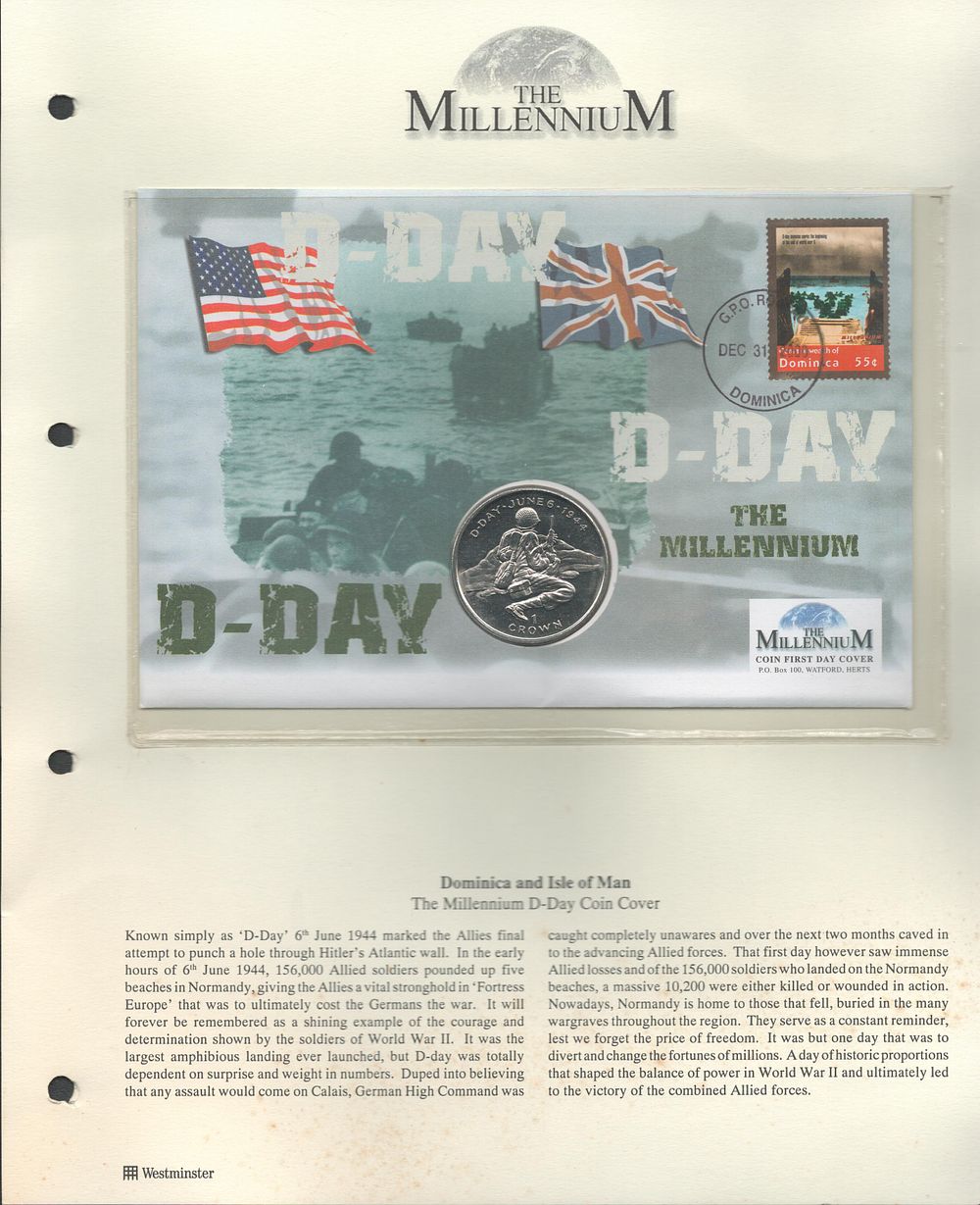 Lot 256: The Millennium D-day coin FDC. Dominica postmark. Good...