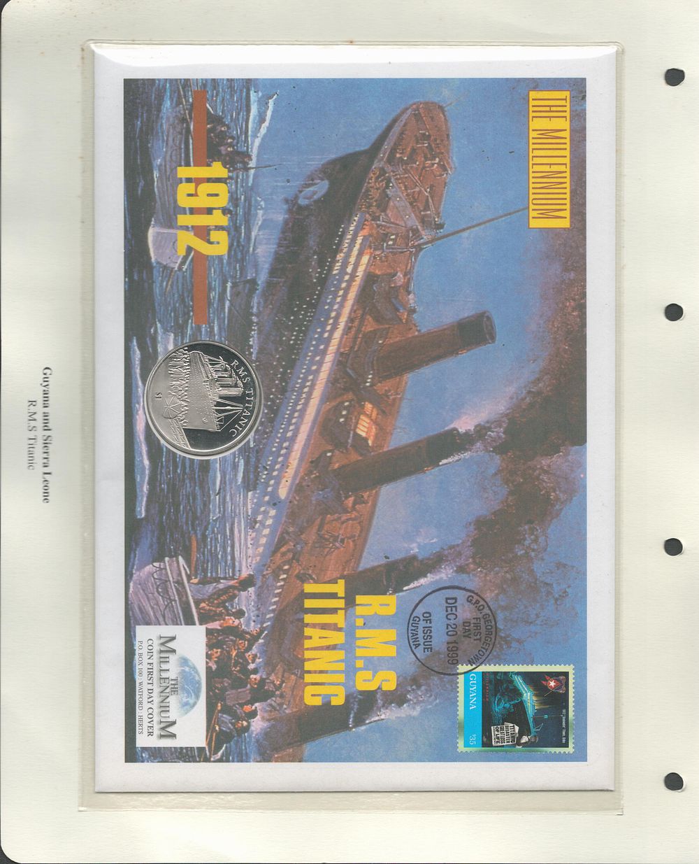 Lot 258: RMS Titanic coin FDC. Guyana FDI postmark. Good...