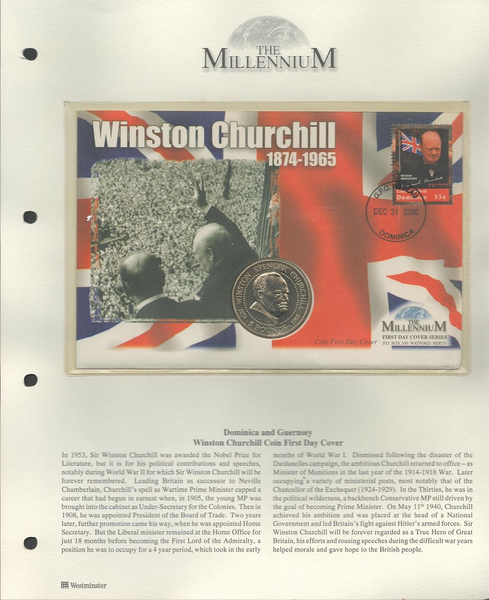 Lot 276: Winston Churchill coin FDC. Dominica postmark. Good condition....