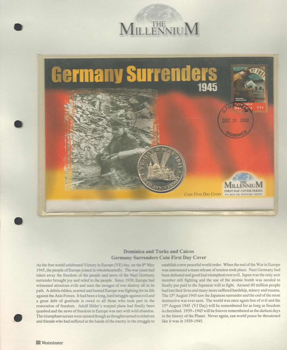 Lot 277: Germany Surrenders coin FDC. Dominica postmark. Good condition....