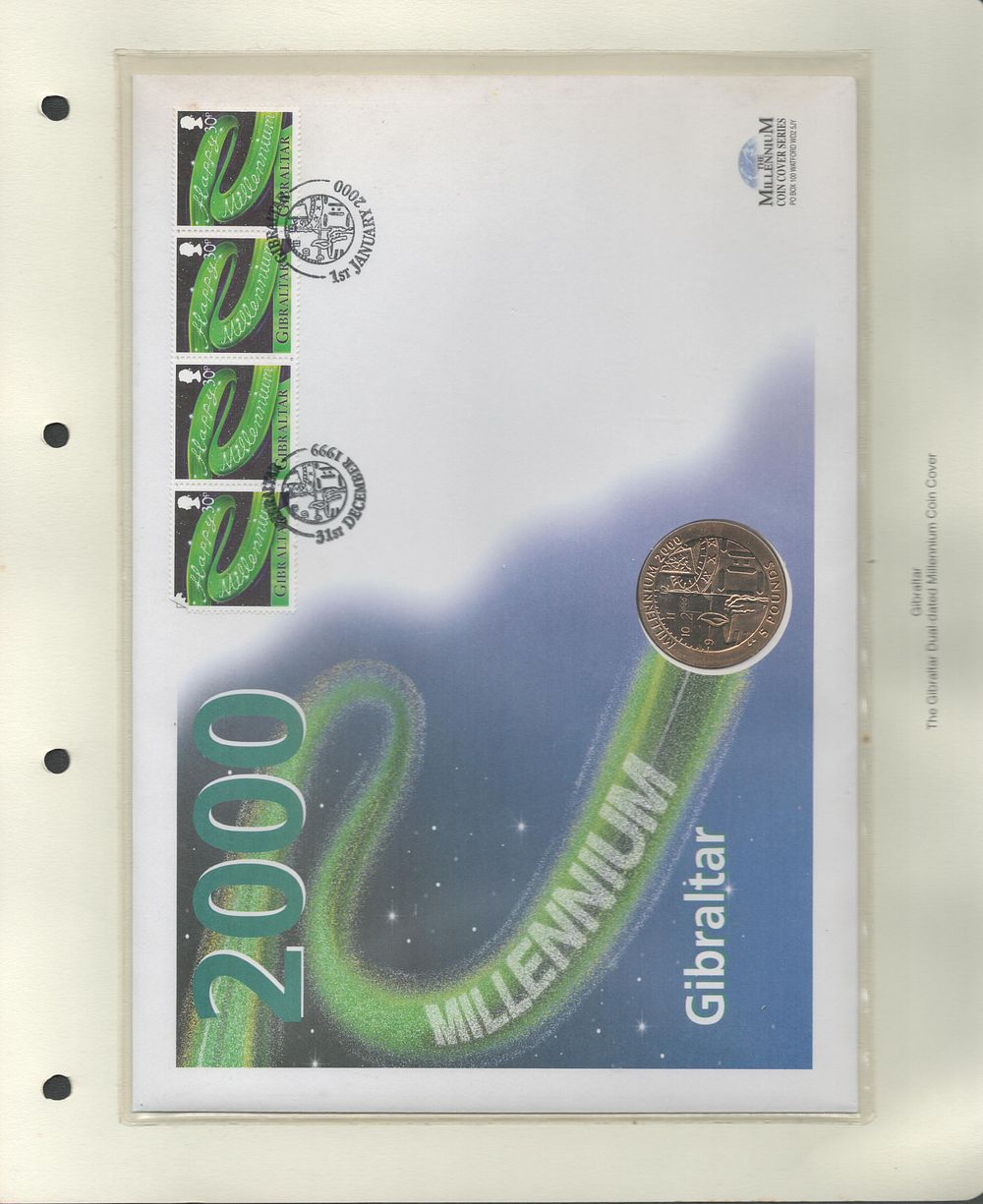 Lot 292: Gibraltar dual-dated millennium coin FDC. Gibraltar postmark. Good...