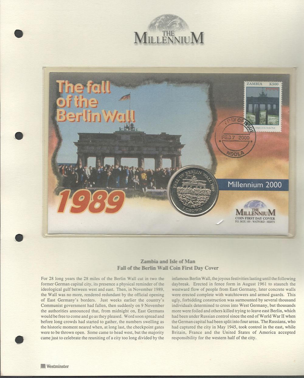 Lot 294: Fall of the Berlin Wall coin FDC. Ndola...