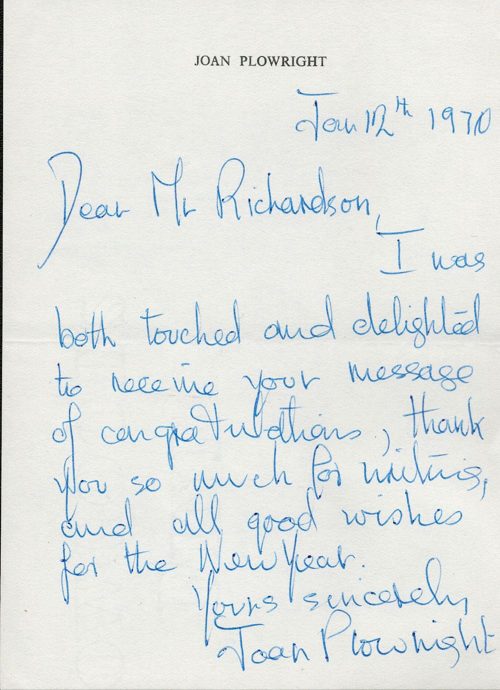 Lot 332: Joan Plowright ALS dated 12/1/1970. Good condition. All...