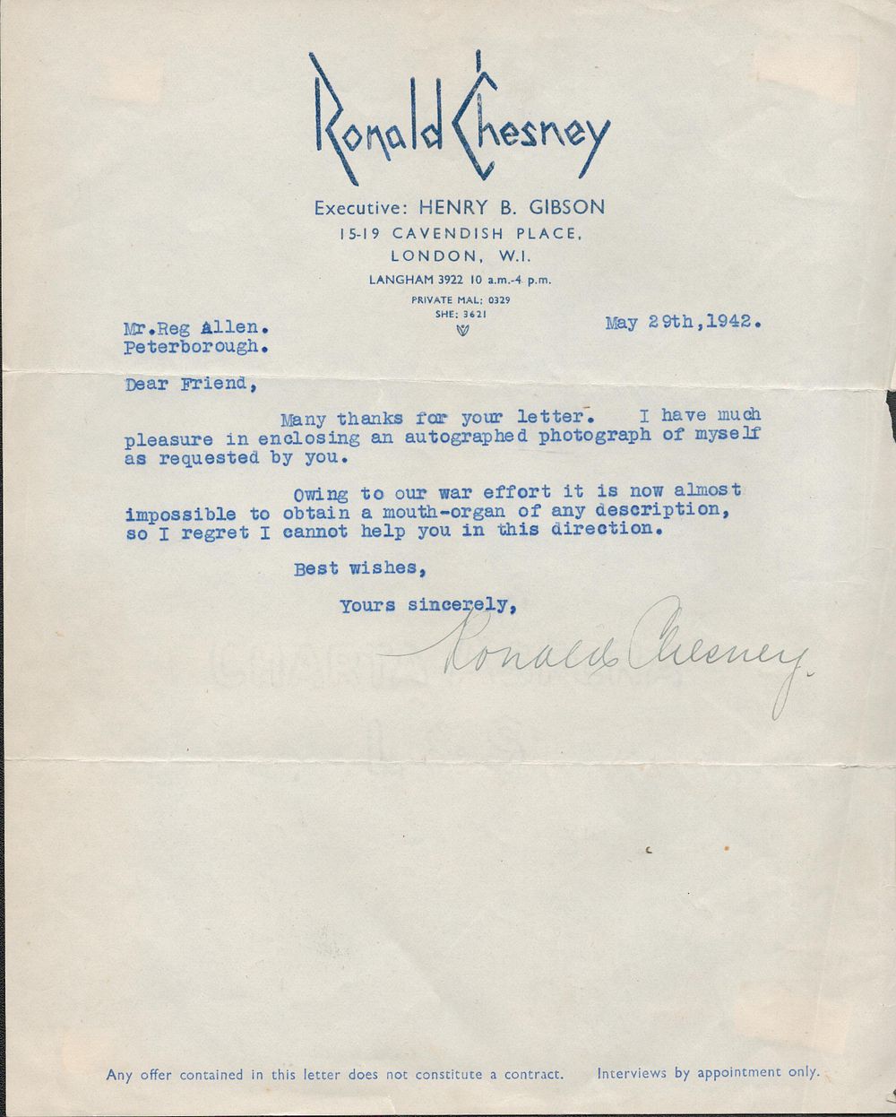 Lot 380: Ronald Chesney TLS dated 29/5/1942. Good condition. All...