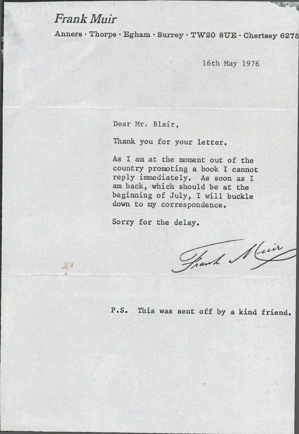Lot 392: Frank Muir TLS dated 16/5/1976. Good condition. All...