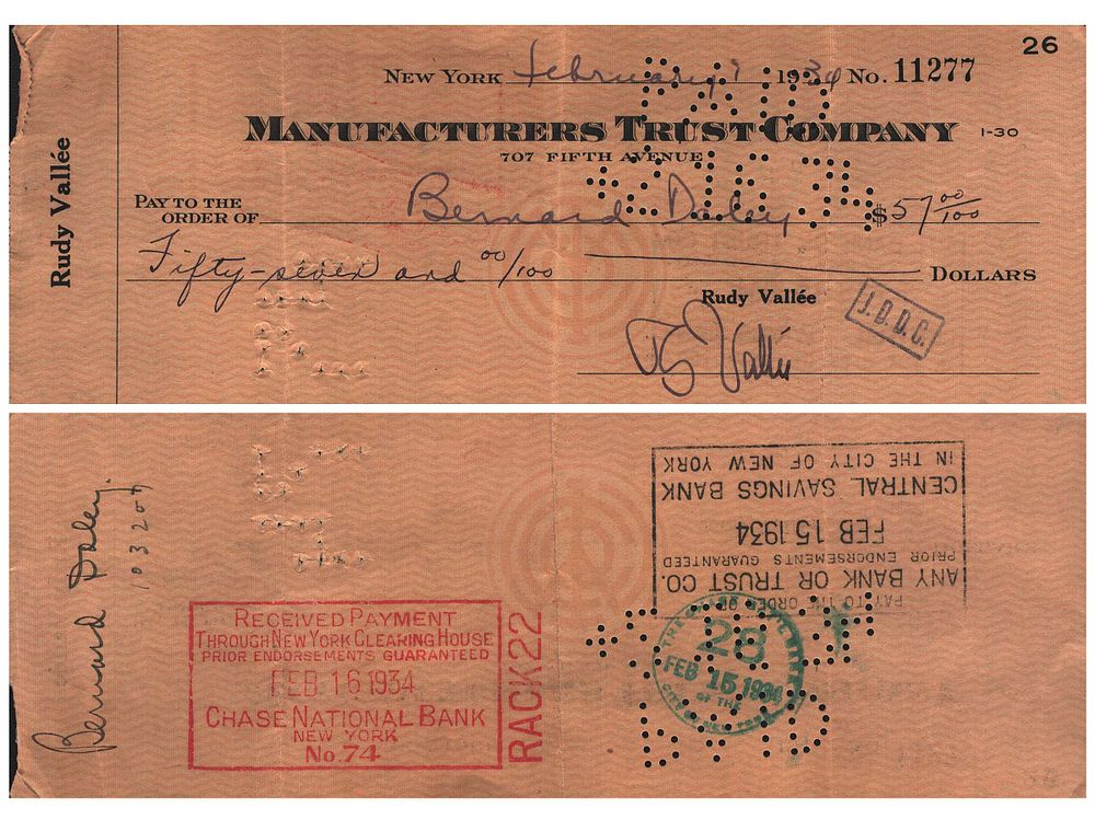 Lot 490: Rudy Vallee signed cheque. Good condition. All autographs...