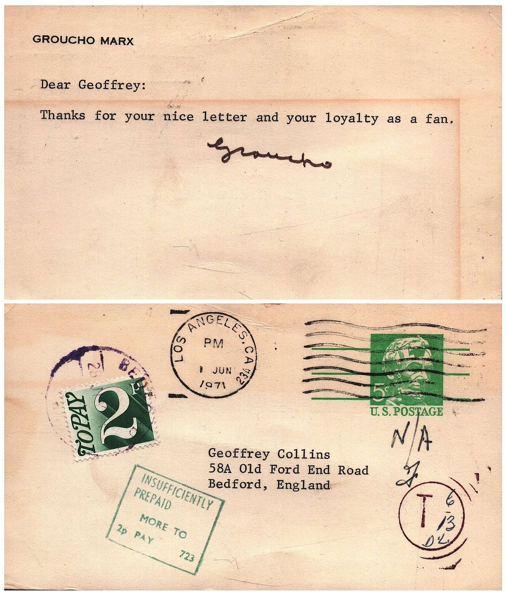 Lot 172: Groucho Marx signed postcard 5.5x3.25 inch. Stamped on...