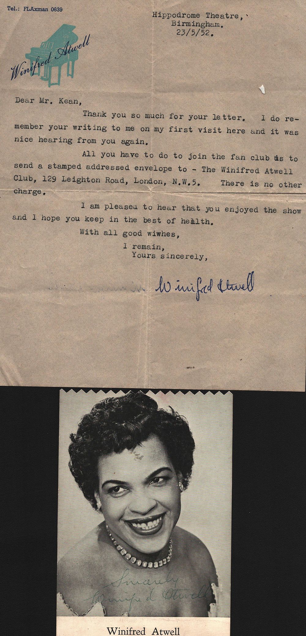 Lot 190: Winifred Atwell signed 5x3.5 inch promo black &...